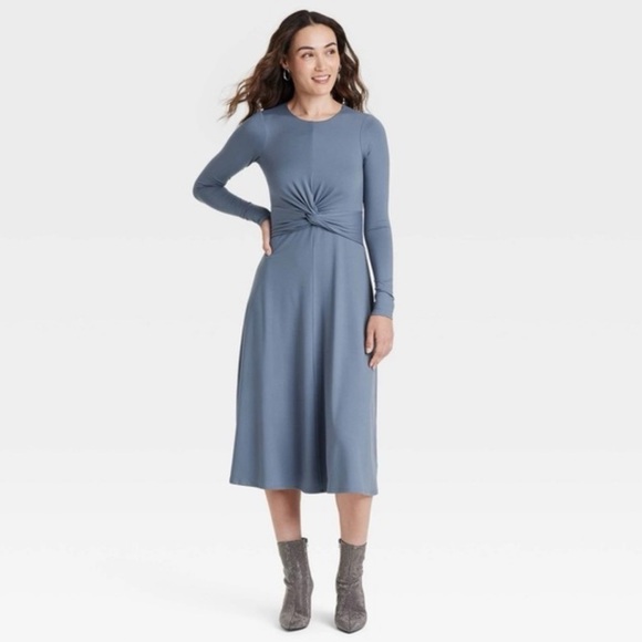 NWT A New Day - Women's Long Sleeve Twist-Front Midi Dress - A New Blue - Picture 1 of 12